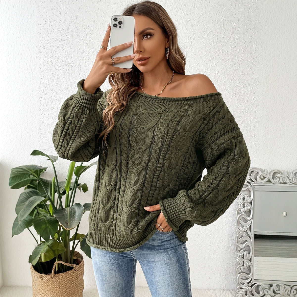 Off-Shoulder Cable Knit Sweater