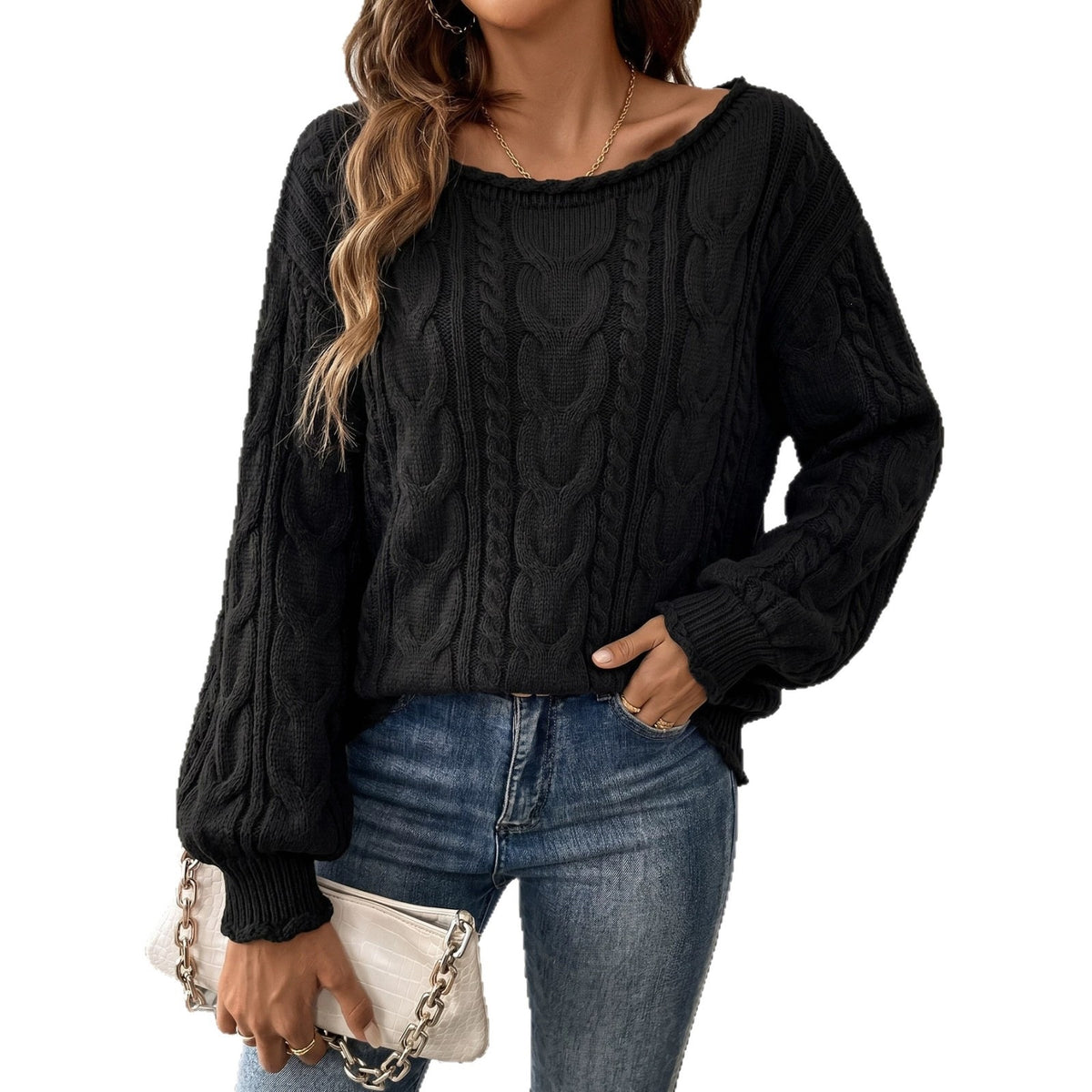 Off-Shoulder Cable Knit Sweater